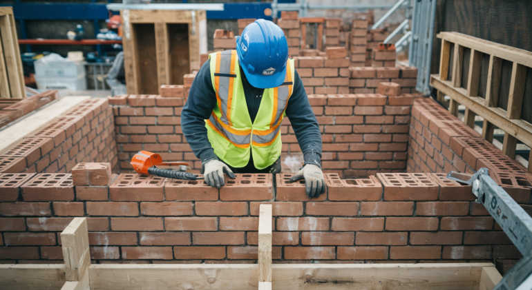 laying bricks at a construction site